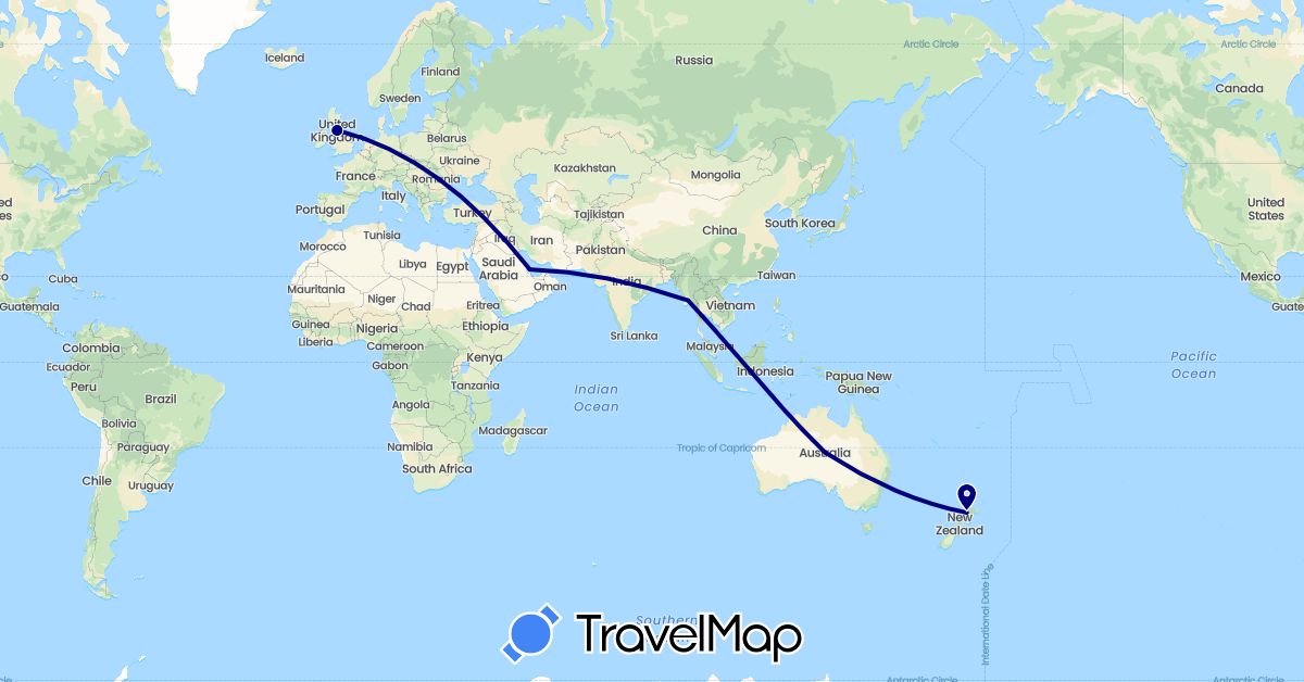 TravelMap itinerary: driving in United Kingdom, Myanmar (Burma), New Zealand, Qatar (Asia, Europe, Oceania)